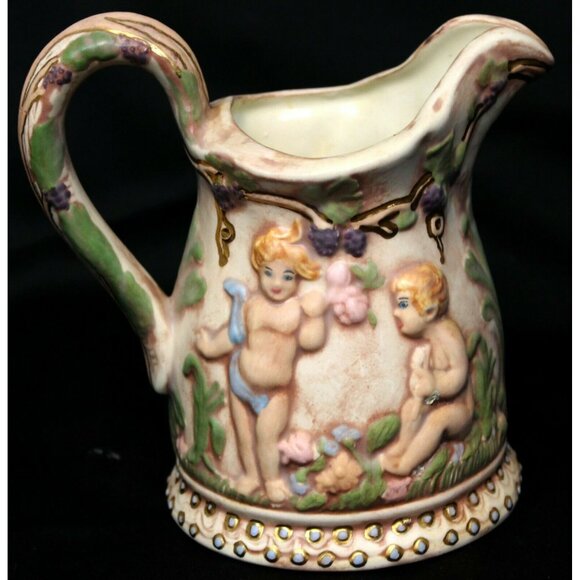 VTG 70 Hazel Cousins Pink Cream White Ceramic Pitcher Multicolor Cherub Vineyard - Picture 3 of 11